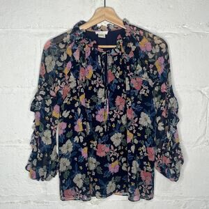 Shoshanna Women's Silk Floral Ruffle Tie Neck Flowy Navy Blue Blouse Size XS